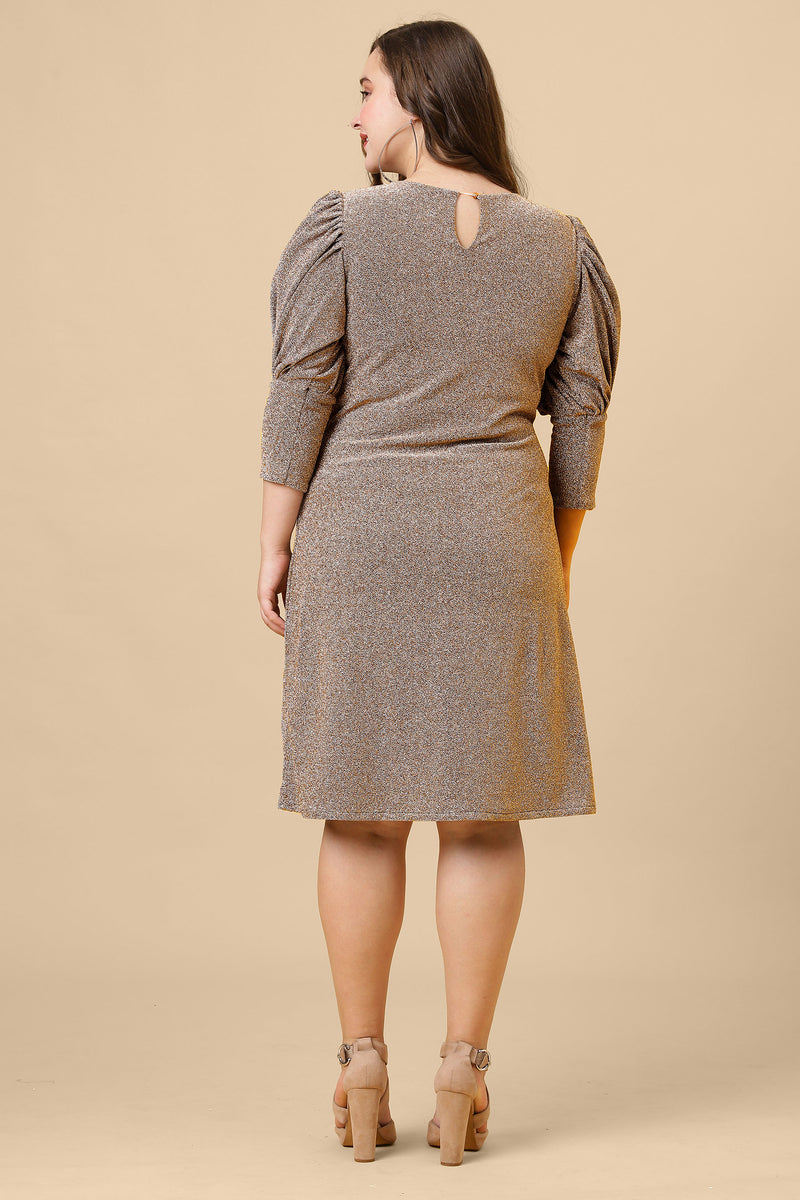 Brown Shimmered Puff Sleeves Sheath Party Dress