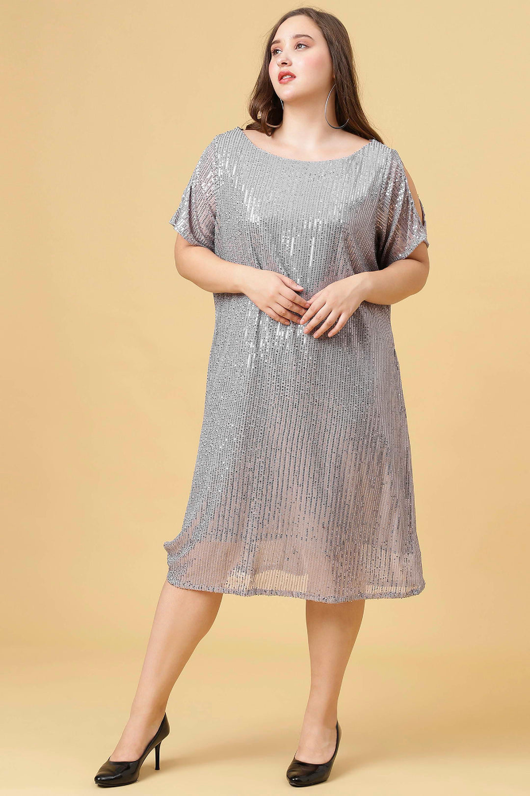 Curvy Lane Women Plus Size Boat Neck Sequins Dress with Slit Sleeves - Curvy Lane