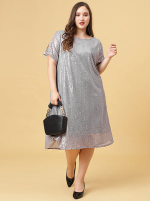Grey Boat Neck Sequins Dress with Slit Sleeves