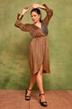 Luxurious Camel Brown Leaf Print Satin Party Dress