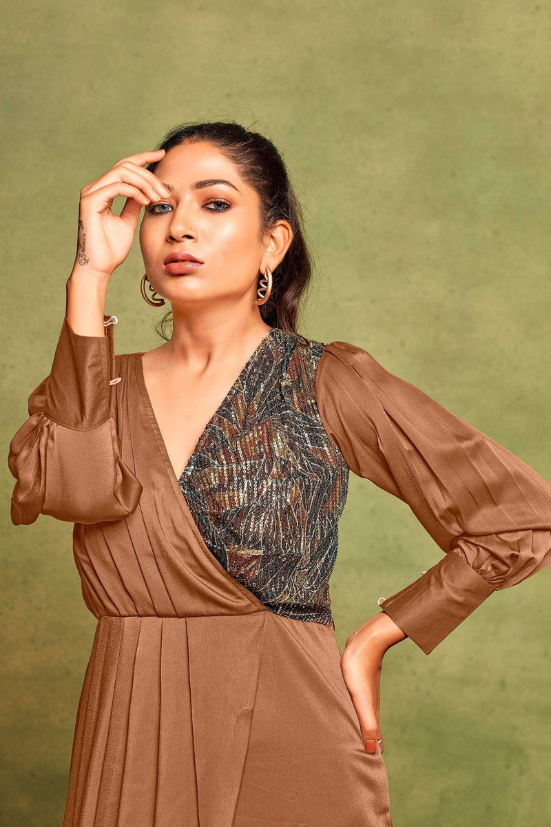 Luxurious Camel Brown Leaf Print Satin Party Dress With Sequin Work
