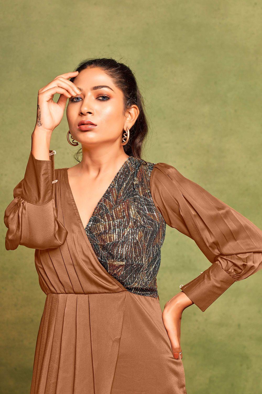 Luxurious Camel Brown Leaf Print Satin Party Dress For Plus Size Luxurious Camel Brown Leaf Print Satin Party Dress For Plus Size