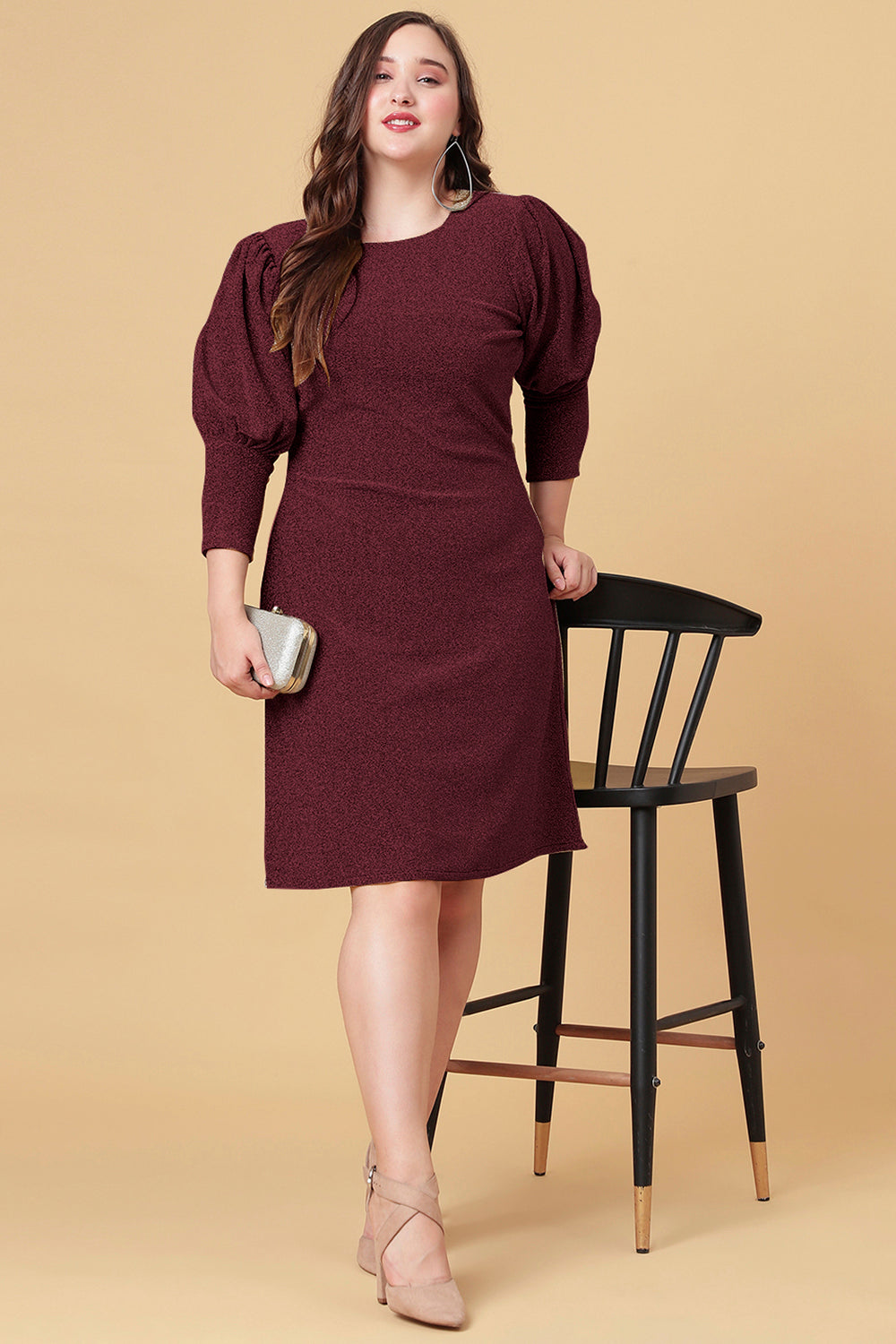 Maroon Shimmered Puff Sleeves Party Dress