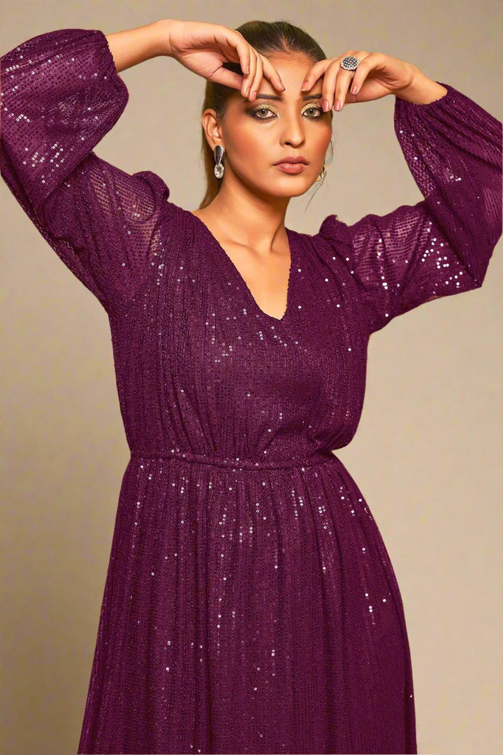 Maroon Color Party Wear Sequin Cocktail Dress For Plus Size Women 