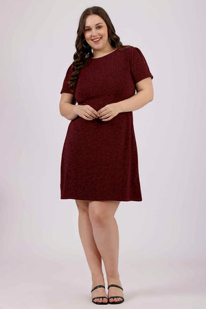 Maroon Lycra A-Line Party Dress with Puff Sleeves