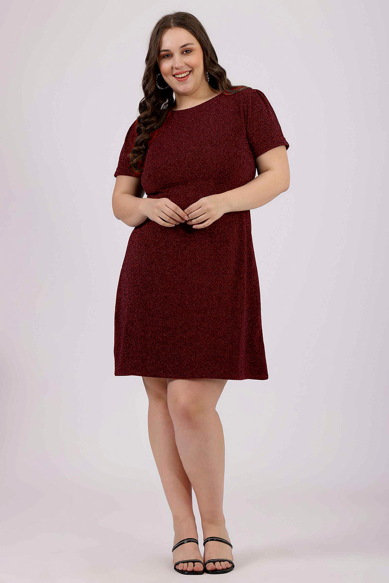 Maroon Lycra A-Line Party Dress with Puff Sleeves