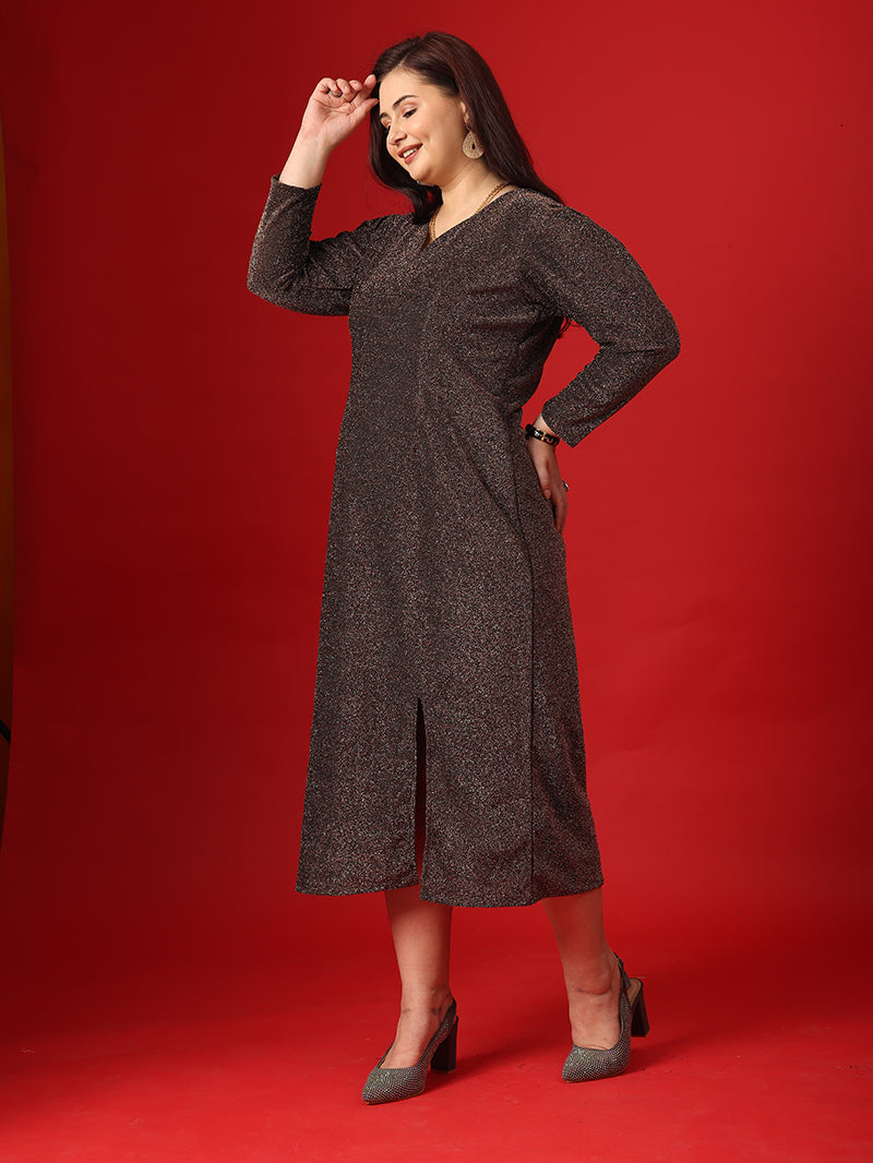 Metalic Brown Straight Cut Dress With Full Sleeve 