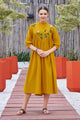Curvylane's Mustard Yellow Calf-length Dress With Handwork