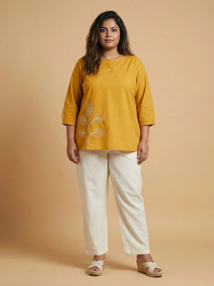 Mustard Cotton Dori Work Top For Women