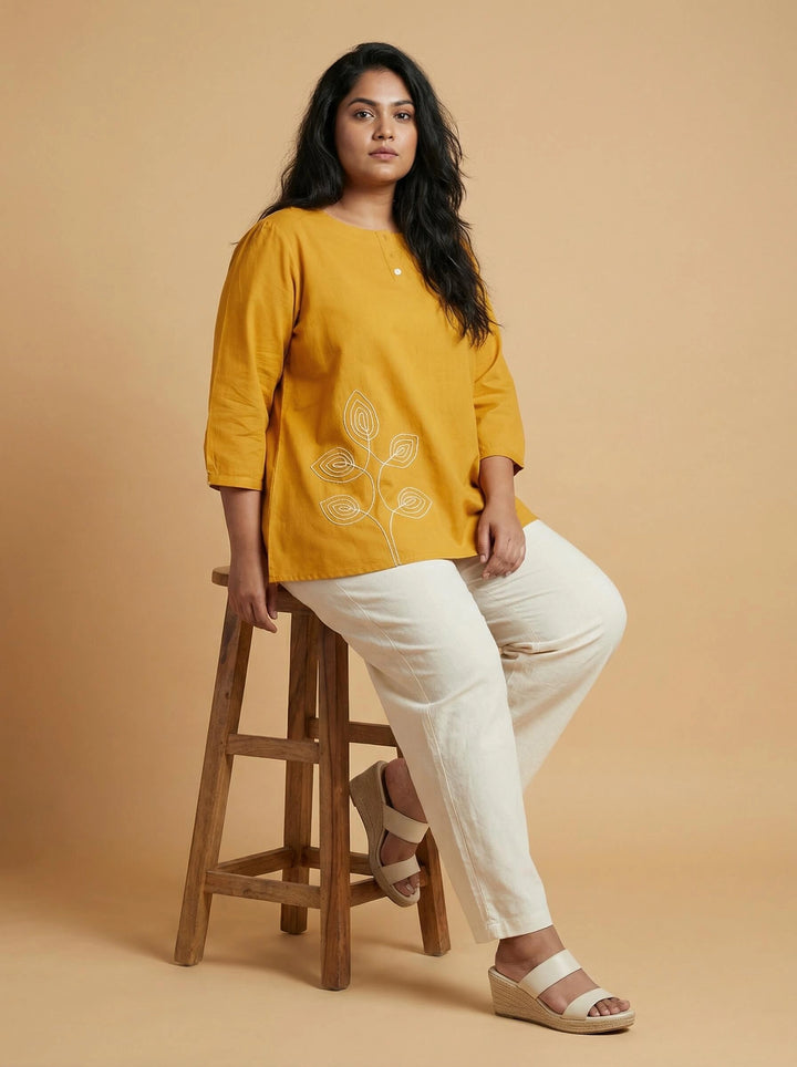 Mustard Cotton Dori Work Top For Women