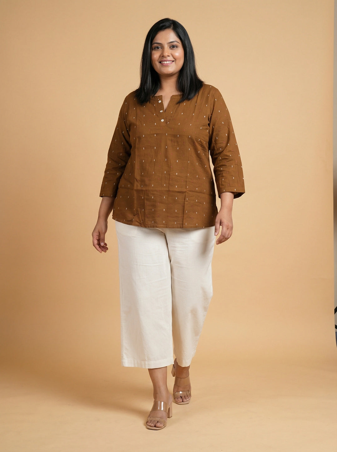 Brown reyon Plus Size Top for Women with Embroidery