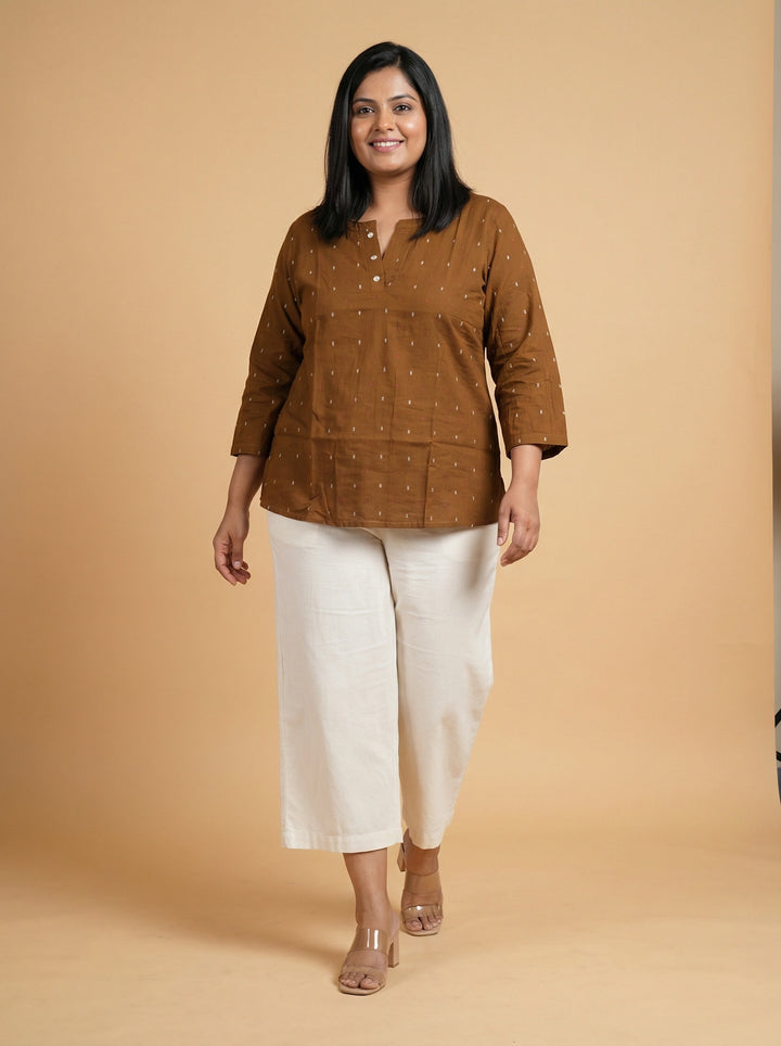 Brown reyon Plus Size Top for Women with Embroidery