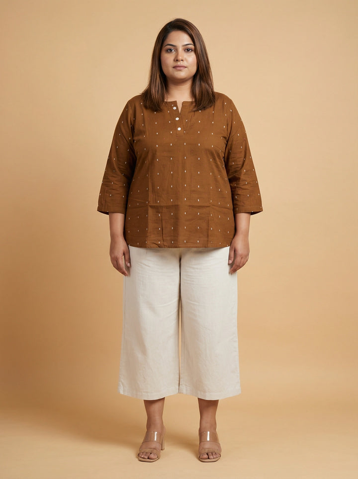 Brown reyon Plus Size Top for Women with Embroidery