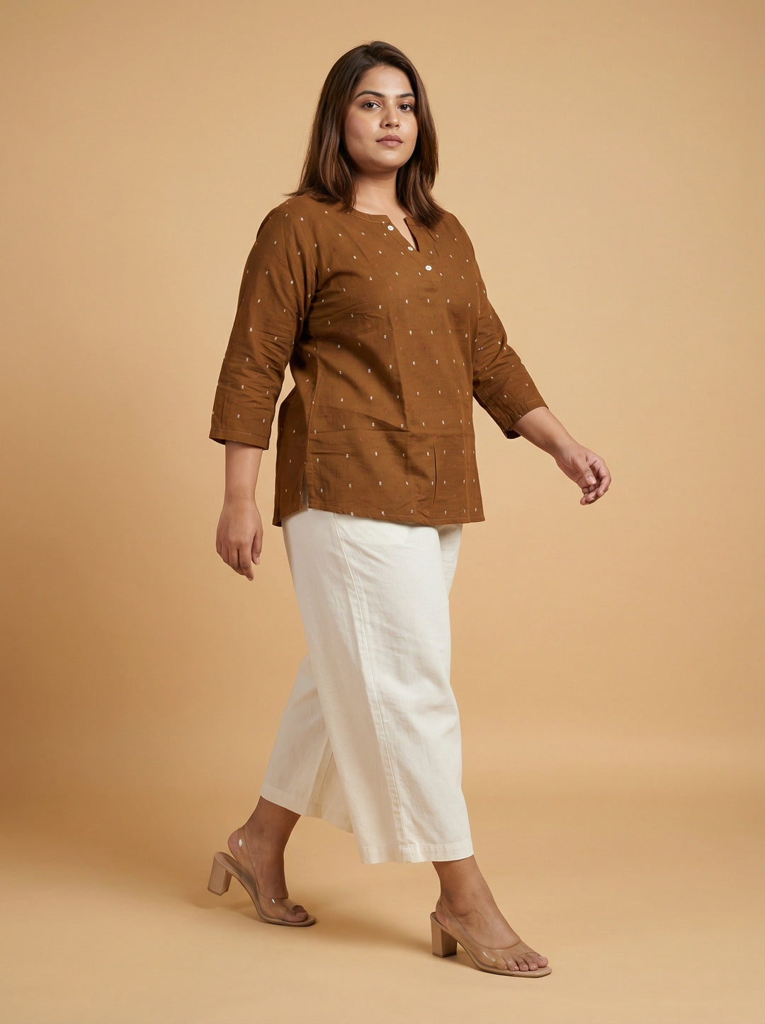 Brown reyon Plus Size Top for Women with Embroidery