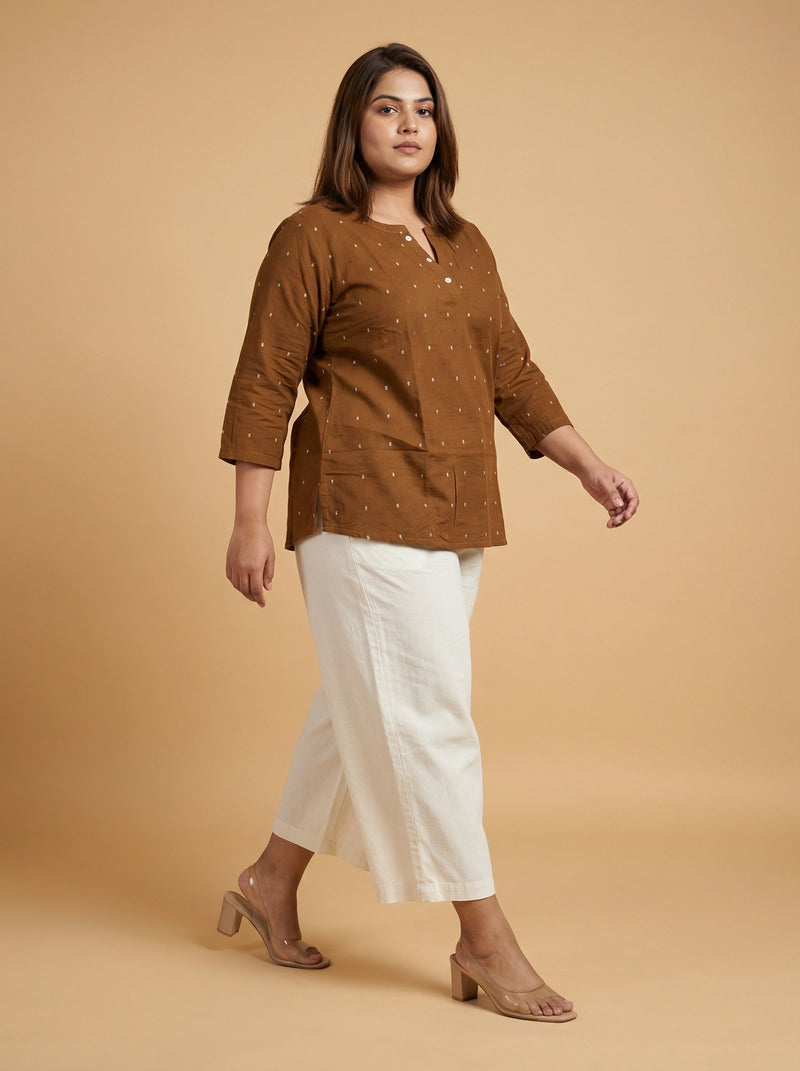 Brown Rayon Embroidered Top For Women