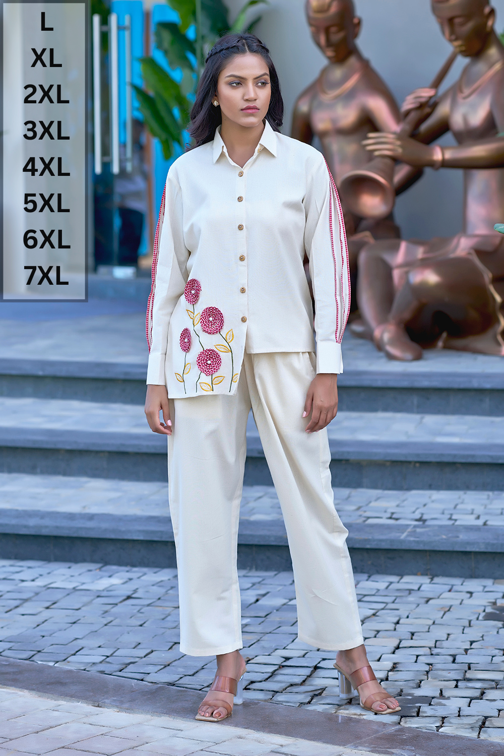 Off-white Casual Resort Wear Co-ord Set With Pink Detailing