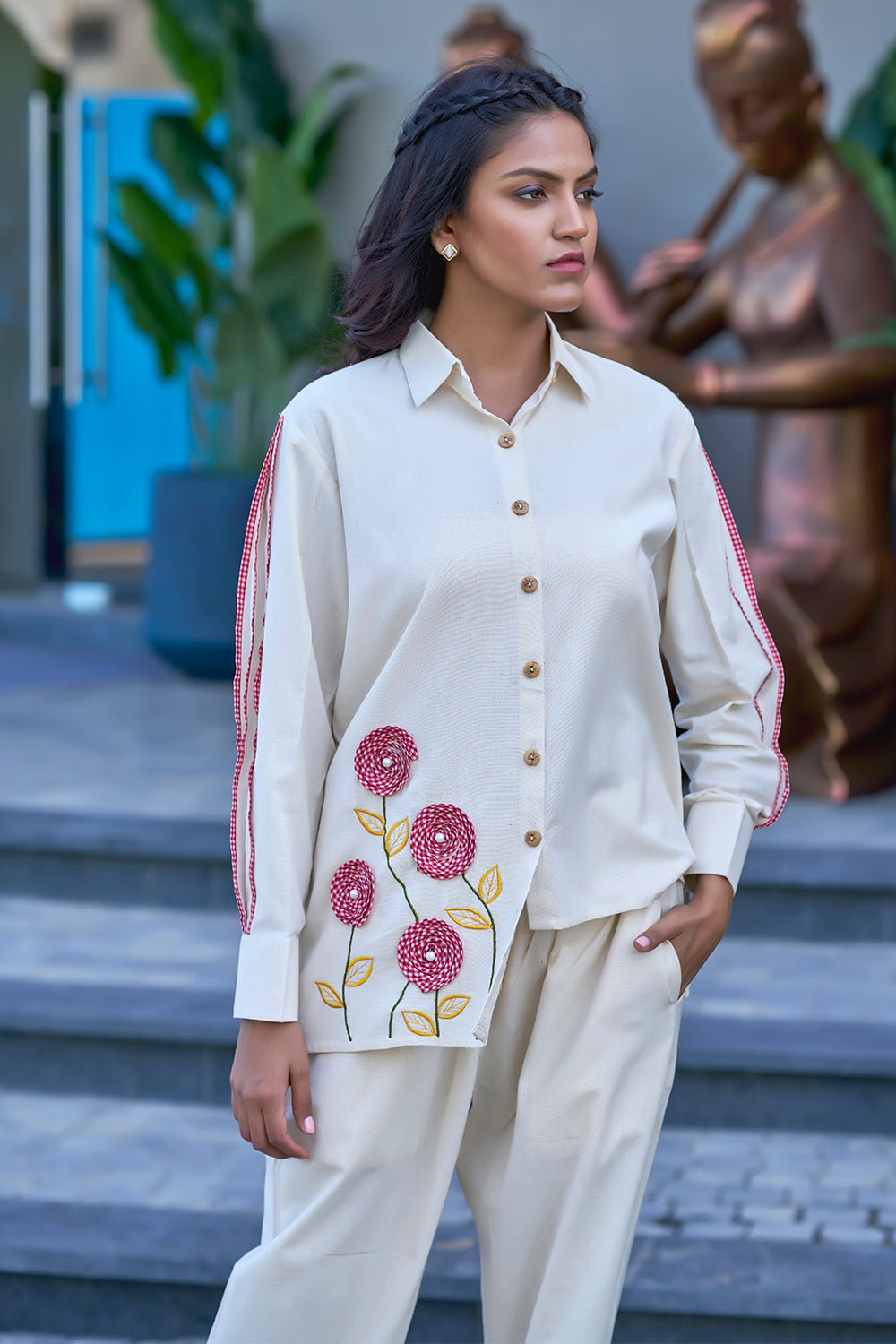 Off-white Casual Resort Wear Co-ord Set With Pink flower