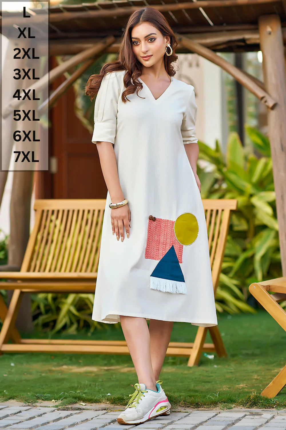 Off-White Casual Dress With Patchwork For Plus-Size Women Off White / 3XL Off-White Casual Dress With Patchwork For Plus-Size Women Off White / 3XL