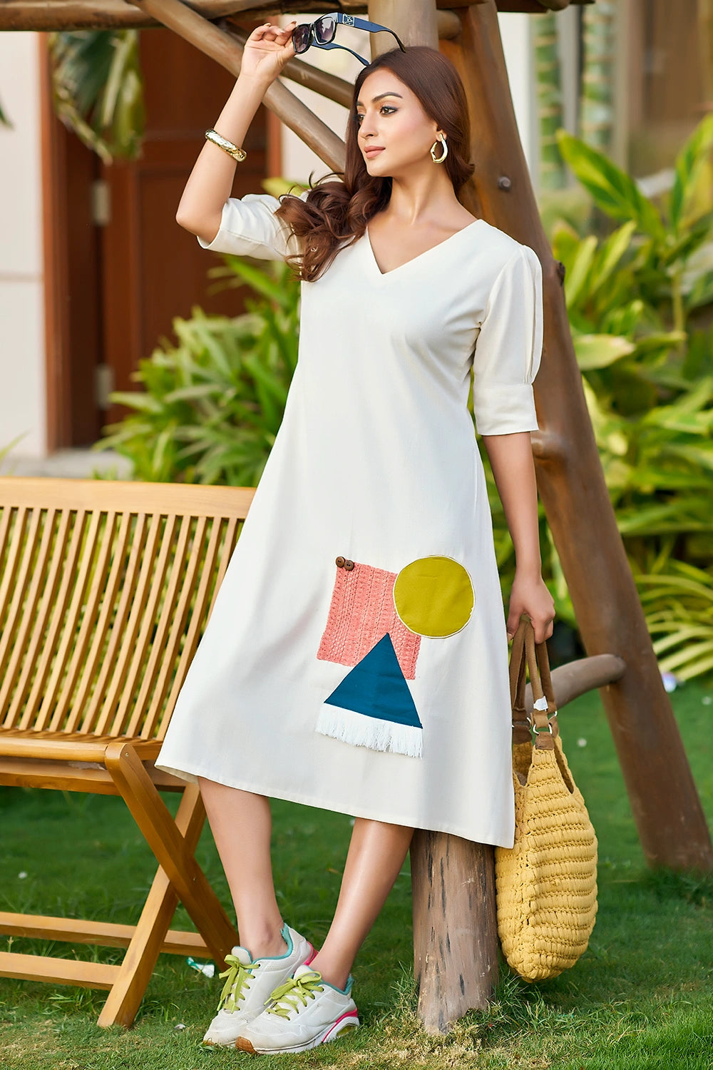 Off-White Casual Dress with Patchwork for Plus-Size Women