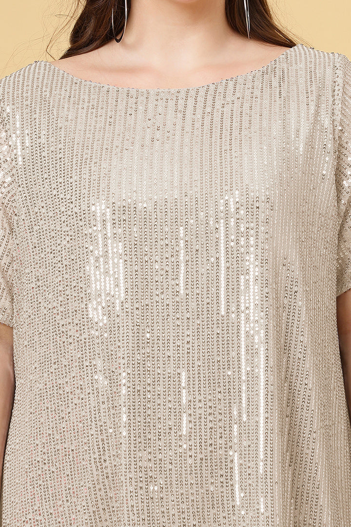 Off White Color Boat Neck Sequins Dress with Slit Sleeves Curvy Lane Women Plus Size 