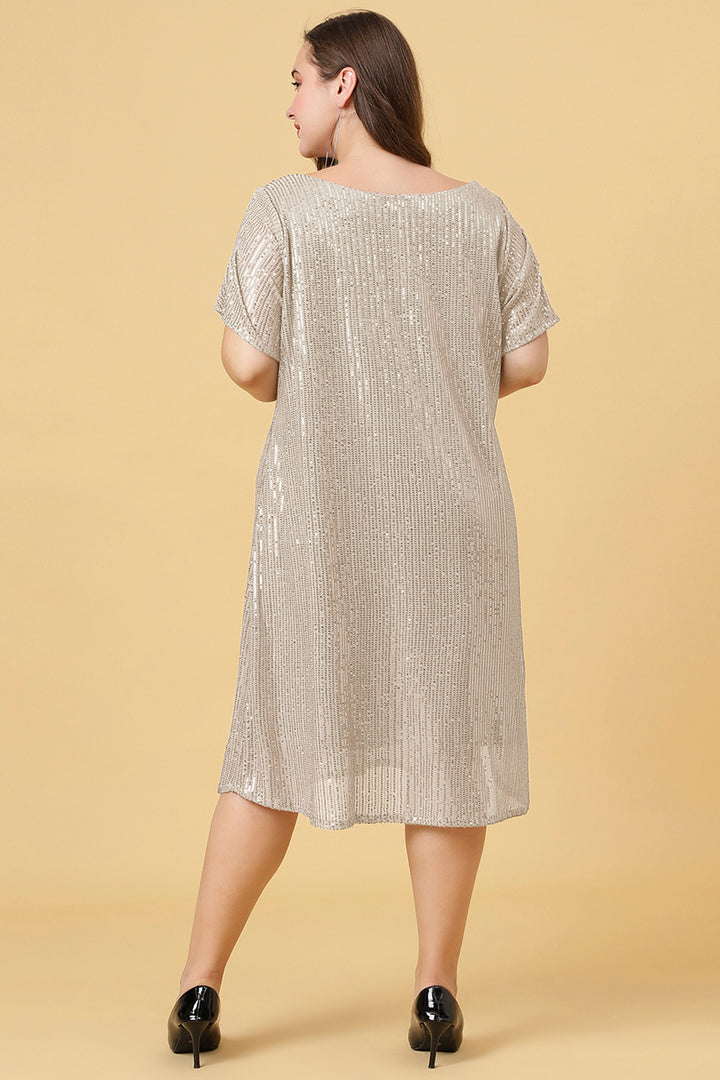 Off White Color Boat Neck Sequins Dress with Slit Sleeves Curvy Lane Women Plus Size Back Side Design