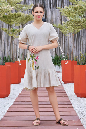 Off White Hand painted Cotton Flared Dress