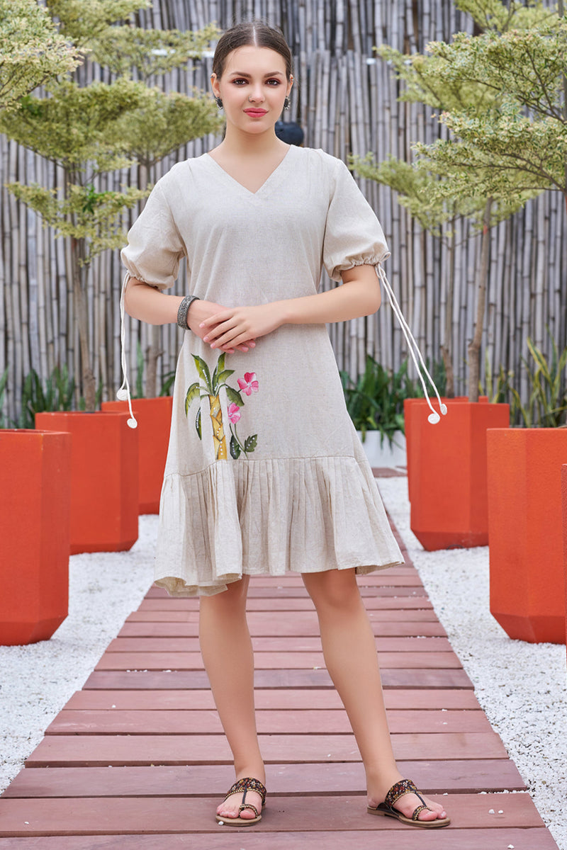 Off White Hand painted Cotton Flared Dress