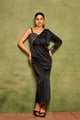 One Shoulder Black Pleated Sequin Satin Sheath Maxi Dress
