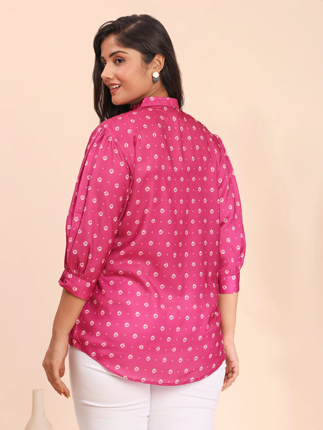 Fuchsia bandhani top with mandarin collar