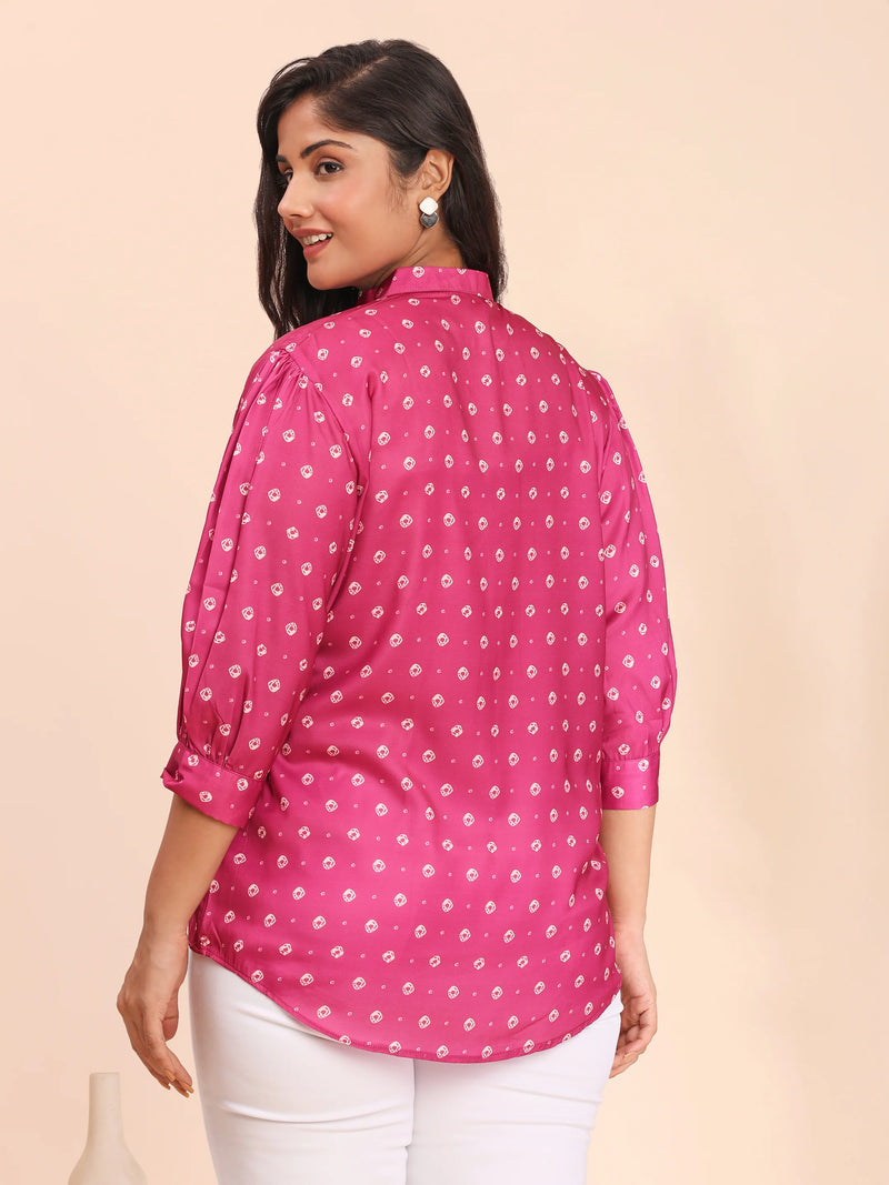 Fuchsia bandhani top with mandarin collar