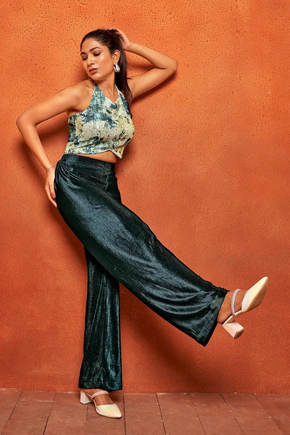 Pearl White Sequin Crop Top And Oxford Blue Palazzo Co-ord Set For Women