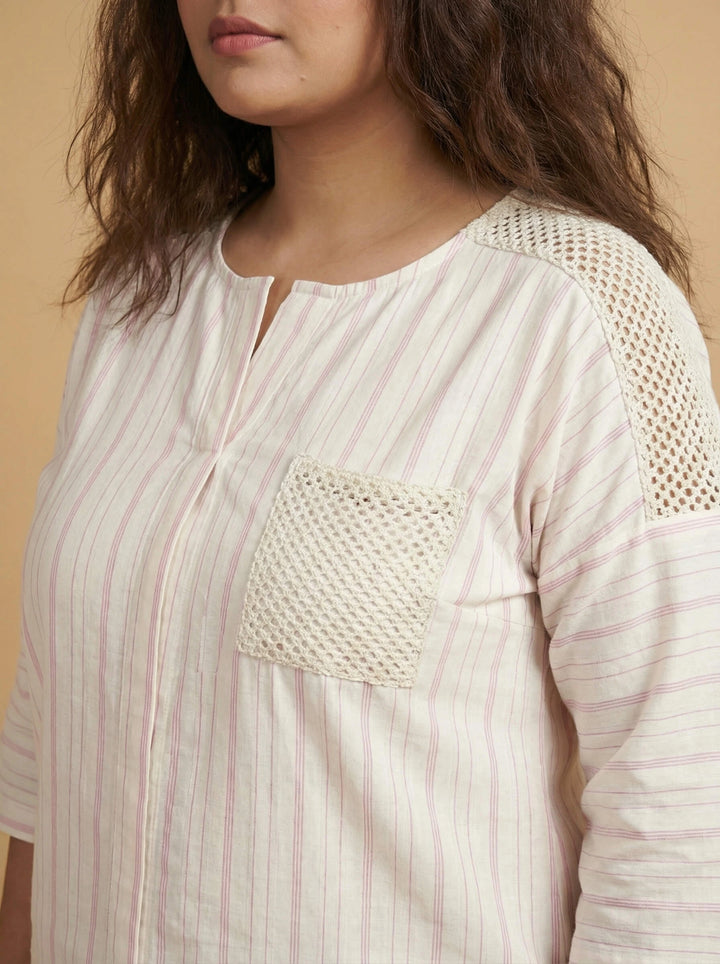Pink Striped Cotton Crochet Pocket Top