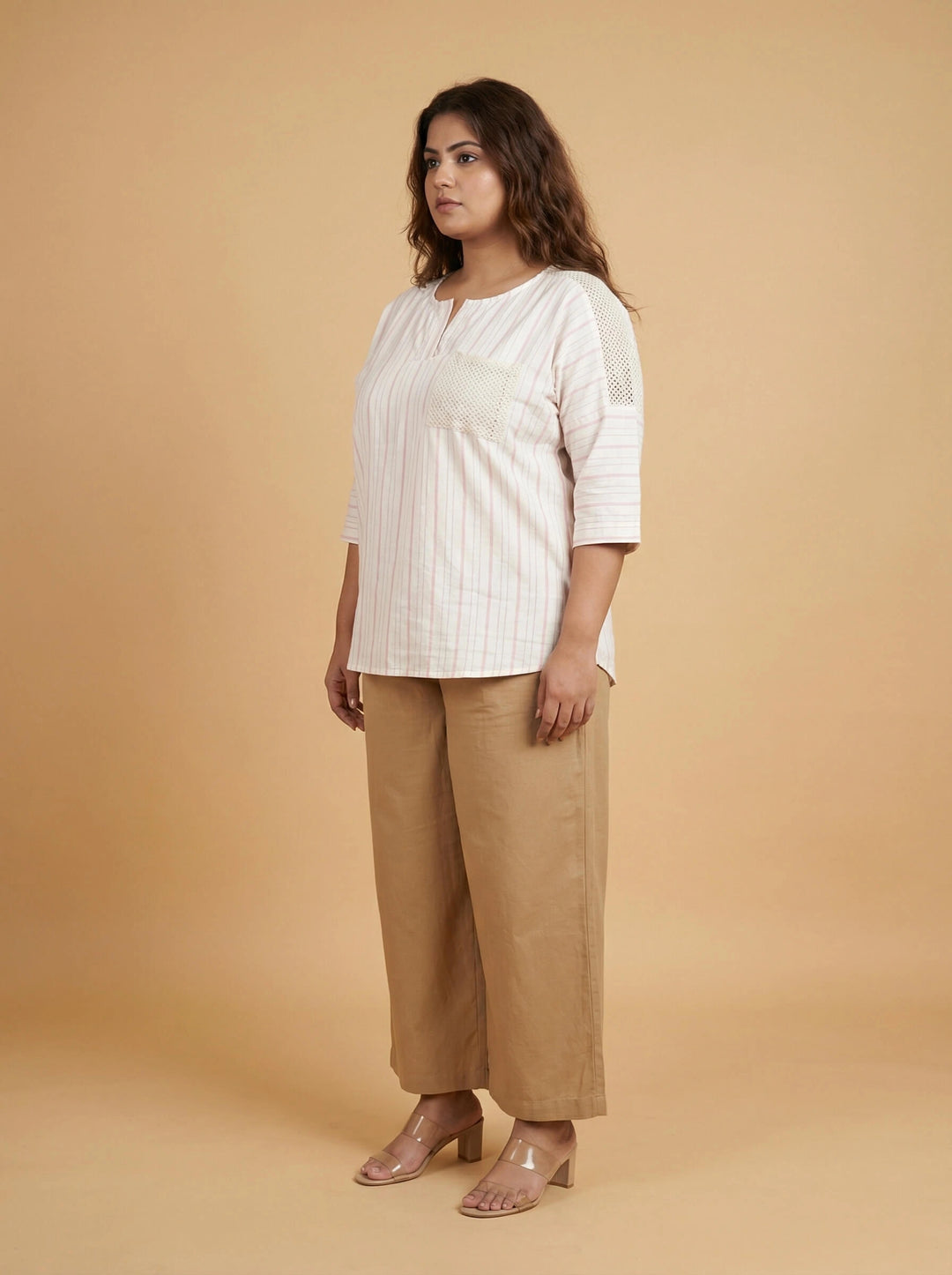 Pink Striped Cotton Crochet Pocket Top