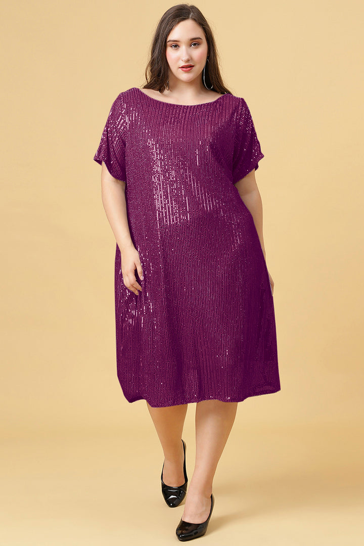 Pink  Boat Neck Shine Sequins Dress with Slit Sleeves 