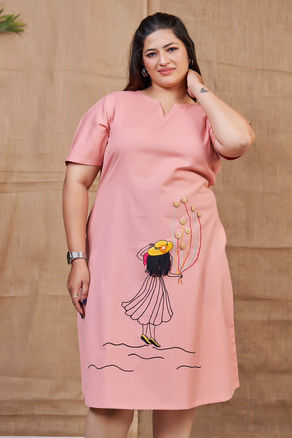 Pink Plus Size Dress with Puff Sleeves