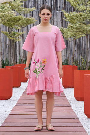 Pink Hand Painted Square Neck Cotton Dress