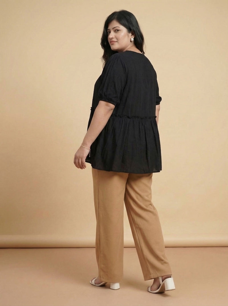 Plus Size Black Pleated Tier Top for Women