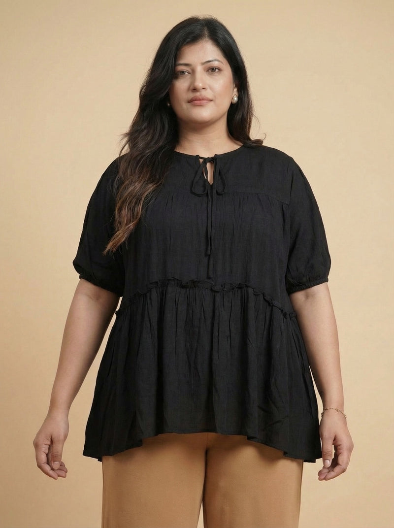 Plus Size Black Pleated Tier Top for Women