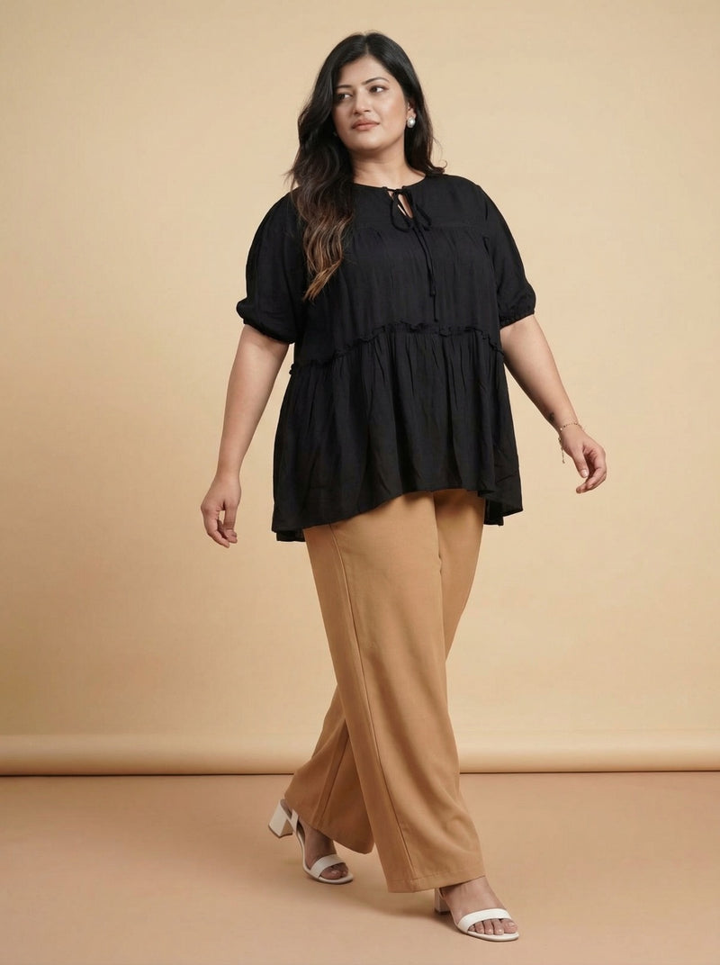 Plus Size Black Pleated Tier Top for Women