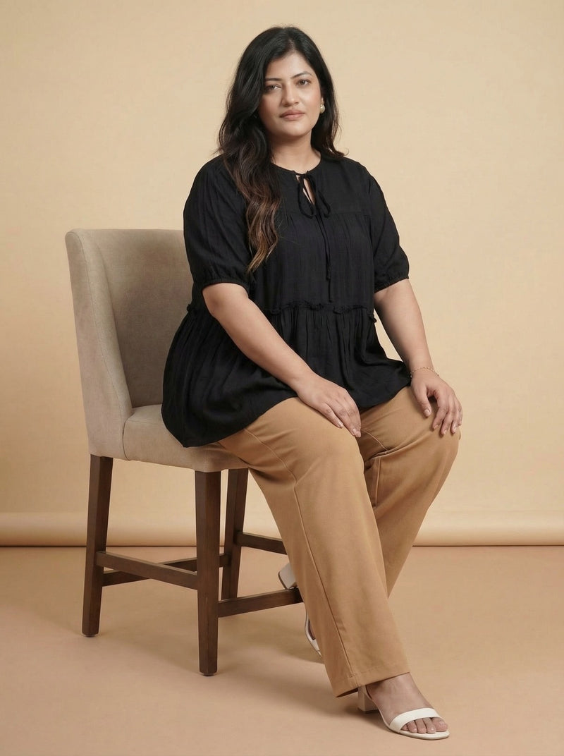 Plus Size Black Pleated Tier Top for Women