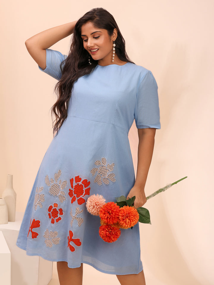 Sky Blue Cotton Dress with Floral Patchwork
