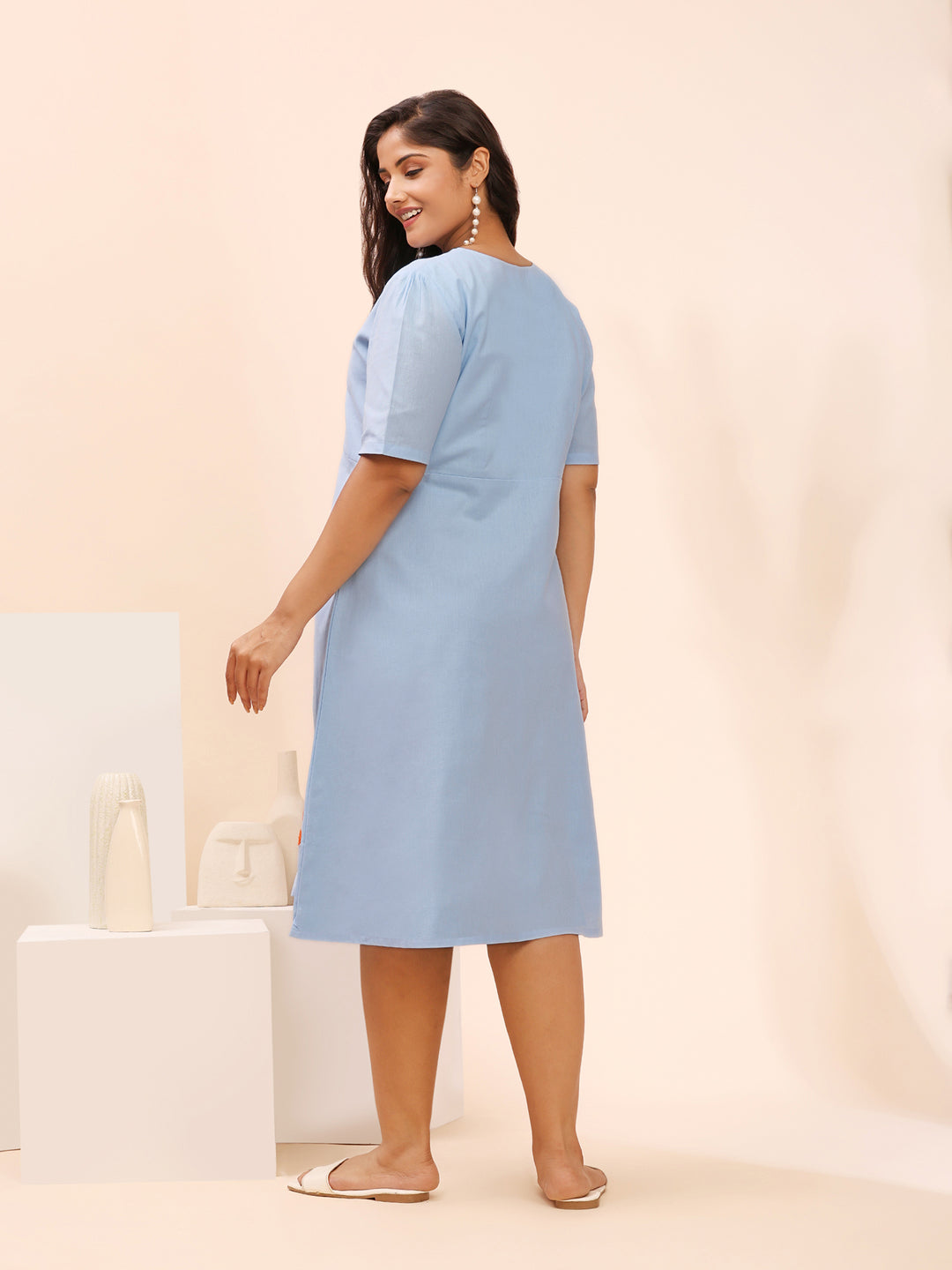 Sky Blue Cotton Dress with Floral Patchwork