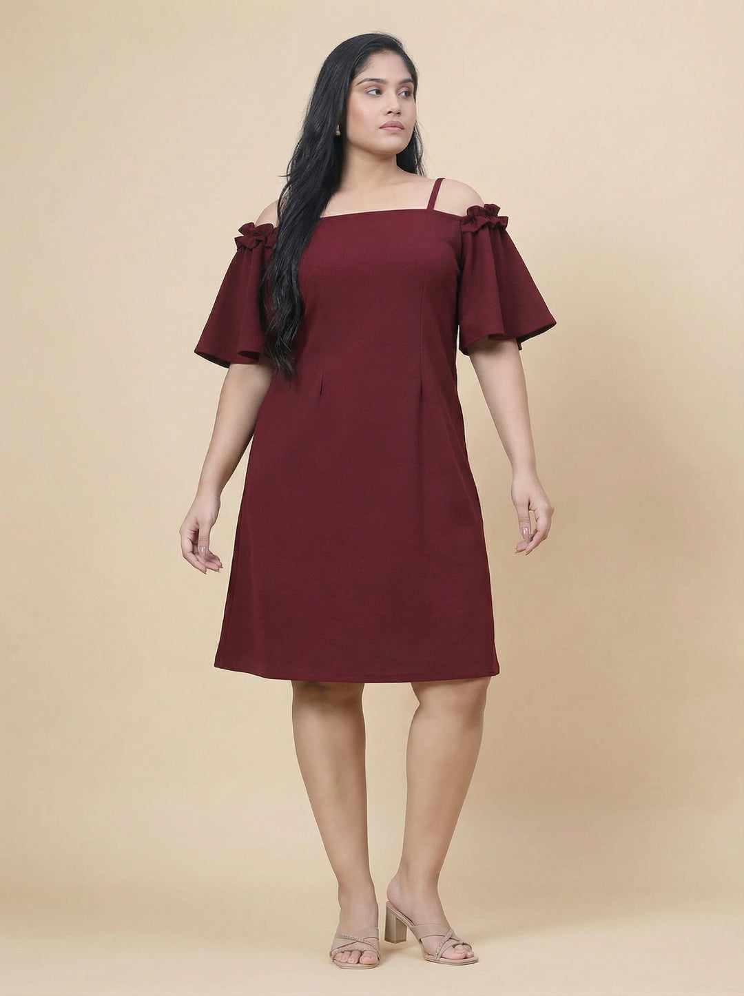 Maroon A-Line Off-Shoulder Party Wear Dress
