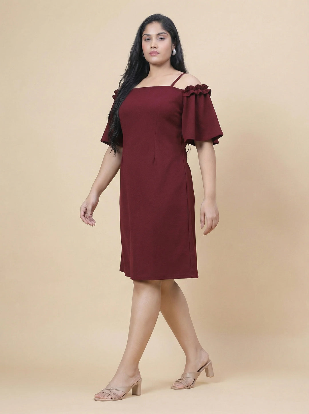 Maroon A-Line Off-Shoulder Party Wear Dress