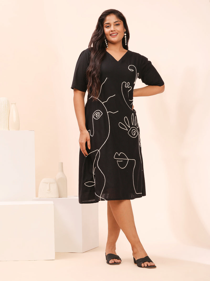 Black Cotton Dress with Cord Embroidery