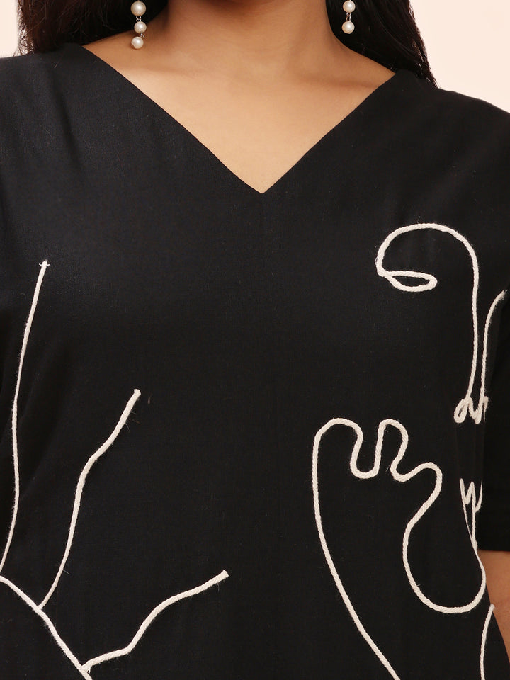 Black Cotton Dress with Cord Embroidery