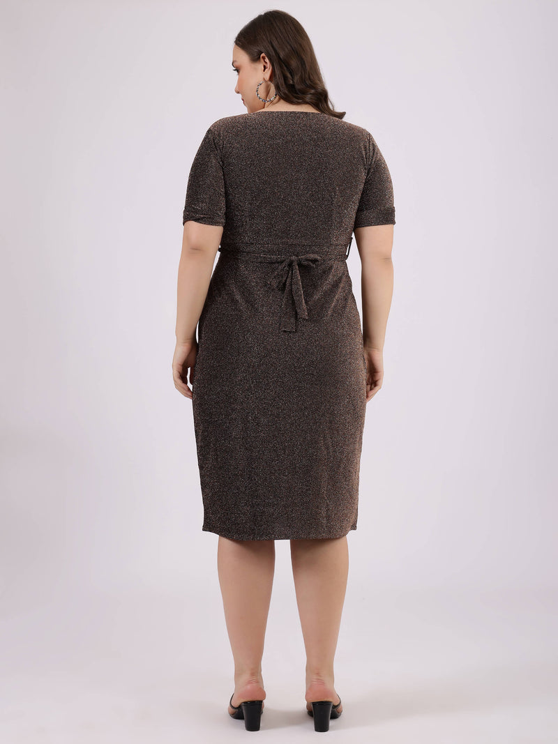 Plus Size Brown Calf-Length Dress Back Side