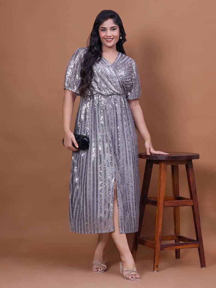 Puffed Sleeve Grey Party Dress for Plus Size Ladies