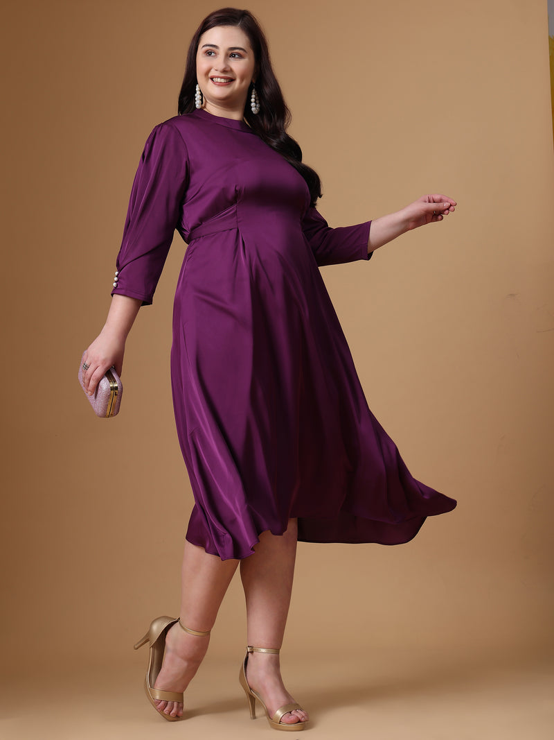 Purple Color Velvet Satin Flared Dress 