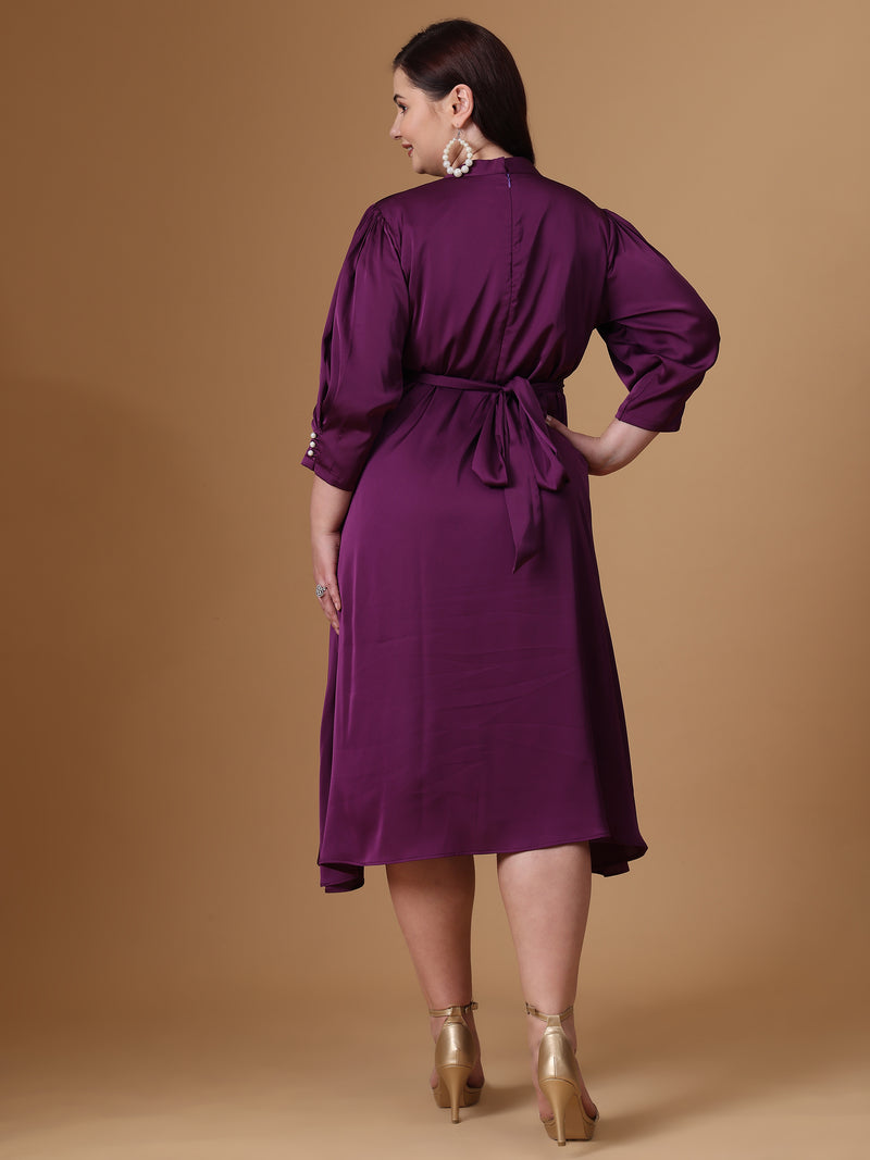 Purple Velvet Satin Flared Dress With Back Side Tie up Belt 